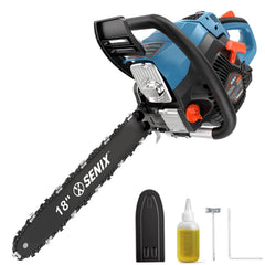 SENIX chainsaw front angle showing compact lightweight design and easy transport