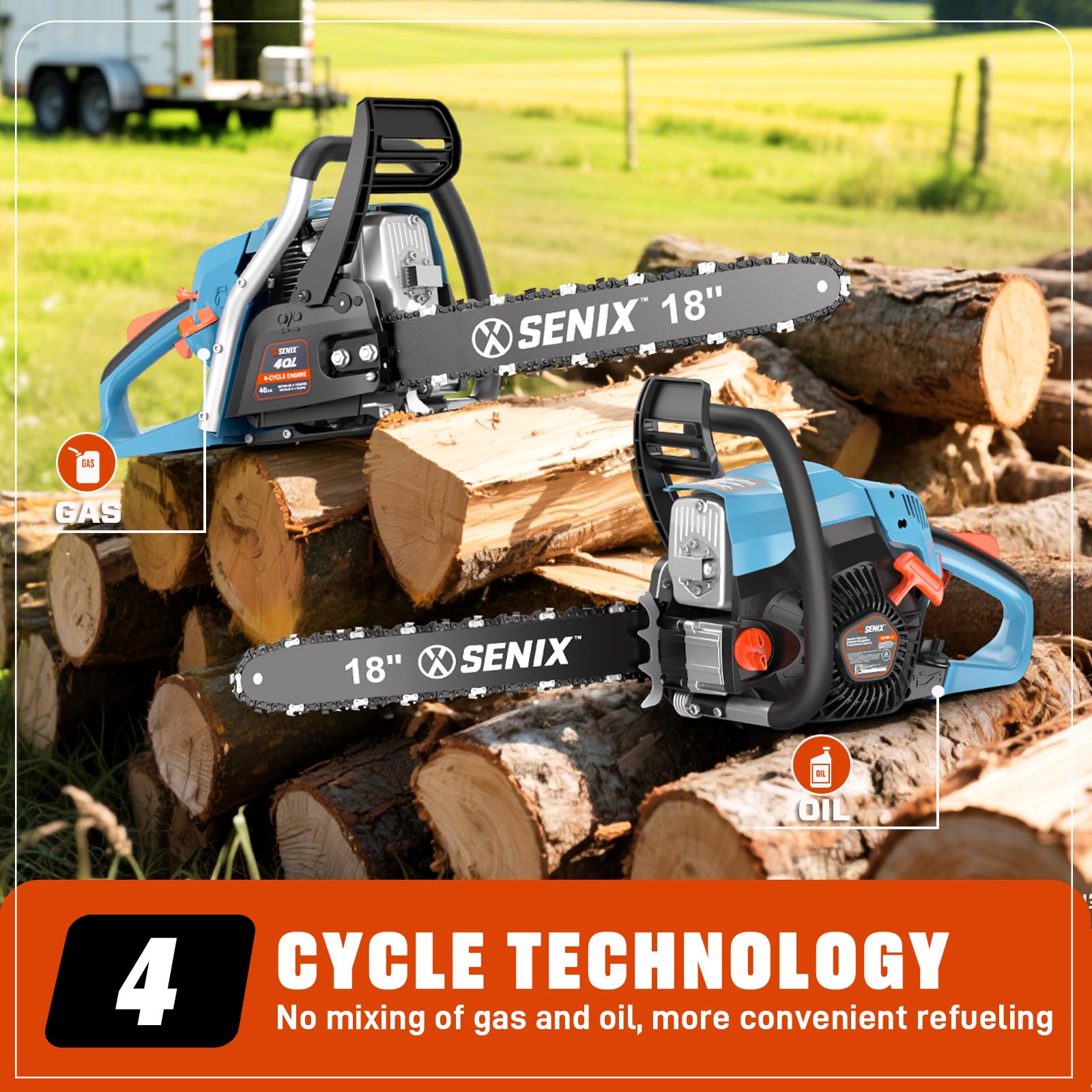 SENIX chainsaw cutting a log demonstrating efficient firewood and limb cutting