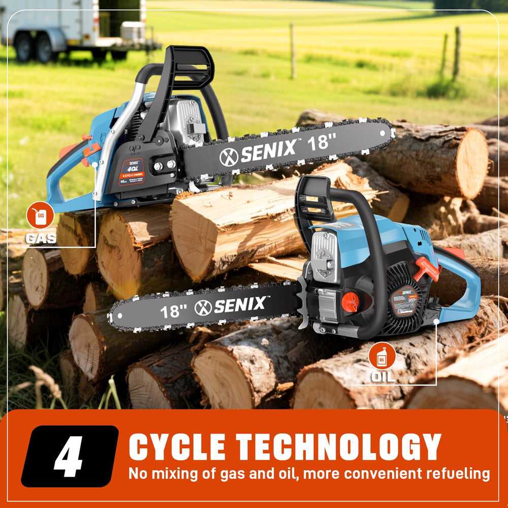 SENIX chainsaw cutting a log demonstrating efficient firewood and limb cutting