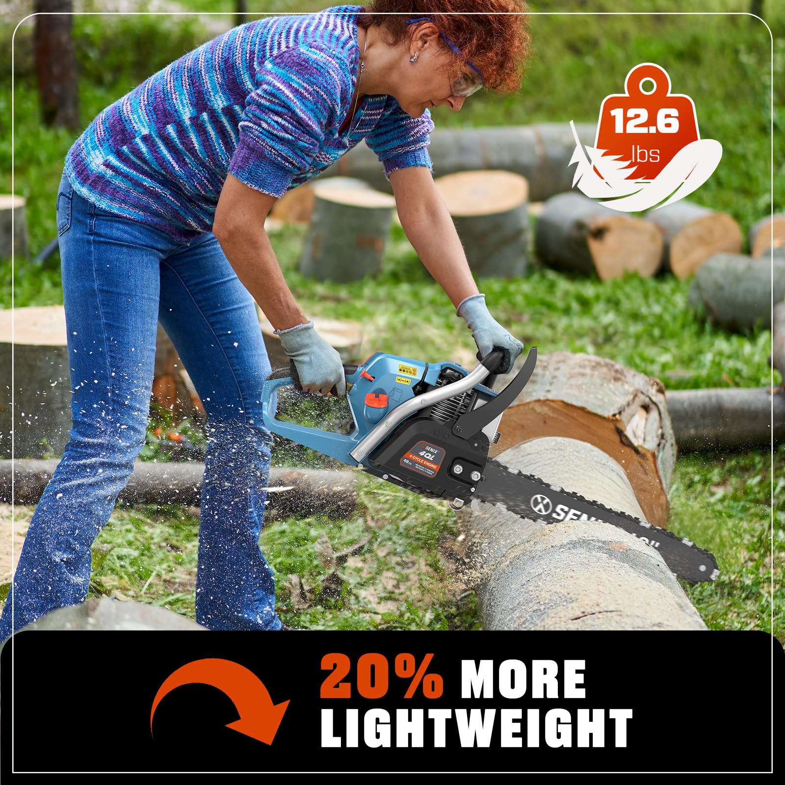 SENIX chainsaw next to a yard rake to show size and portable scale