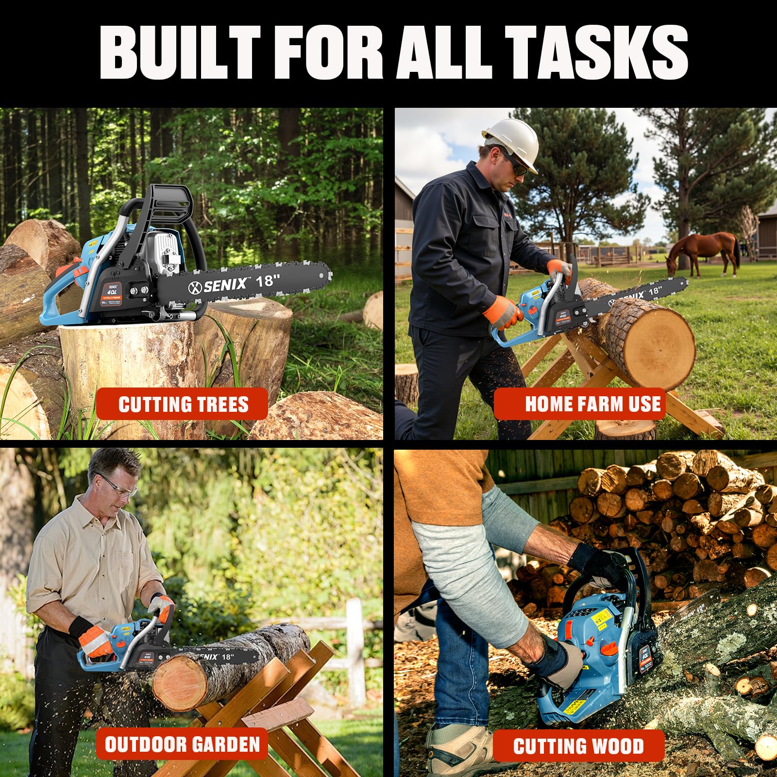 SENIX chainsaw stored with cover and tools for safe transport and convenient storage
