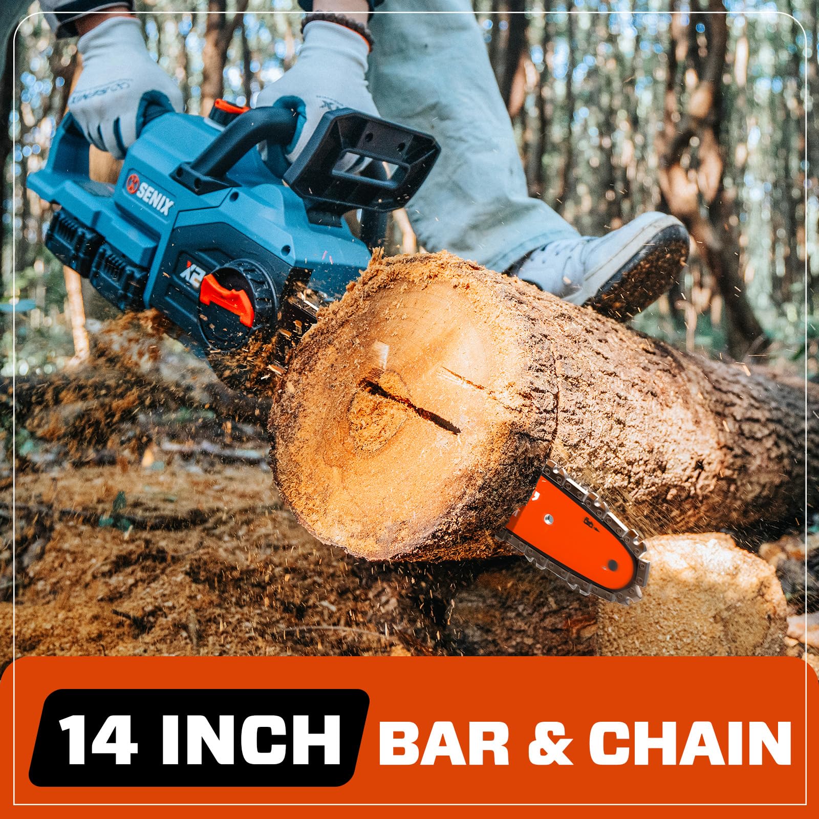 SENIX close-up of 14-inch bar and chain highlighting cutting precision and speed