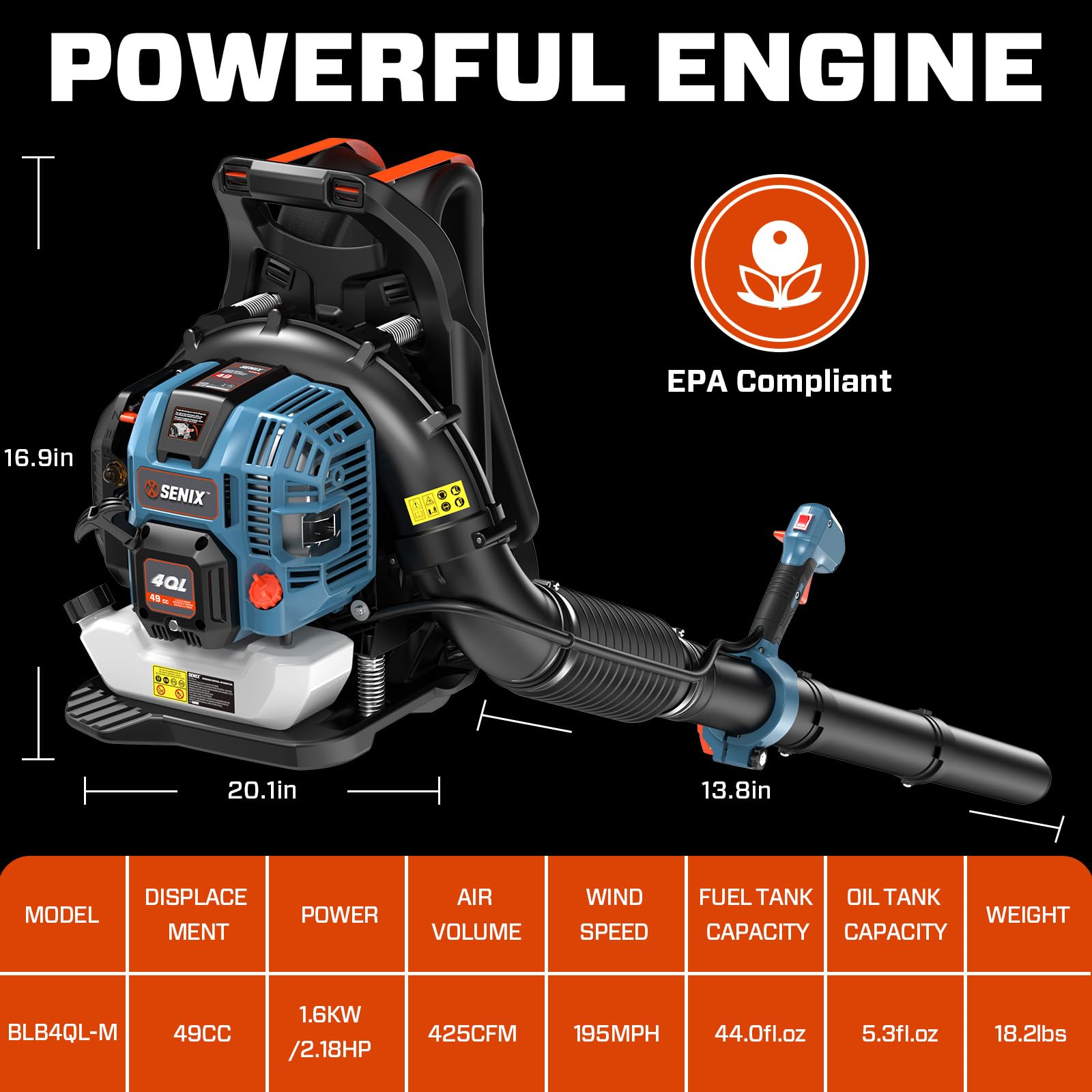 SENIX engine closeup highlighting 49cc 4-cycle motor and dependable power