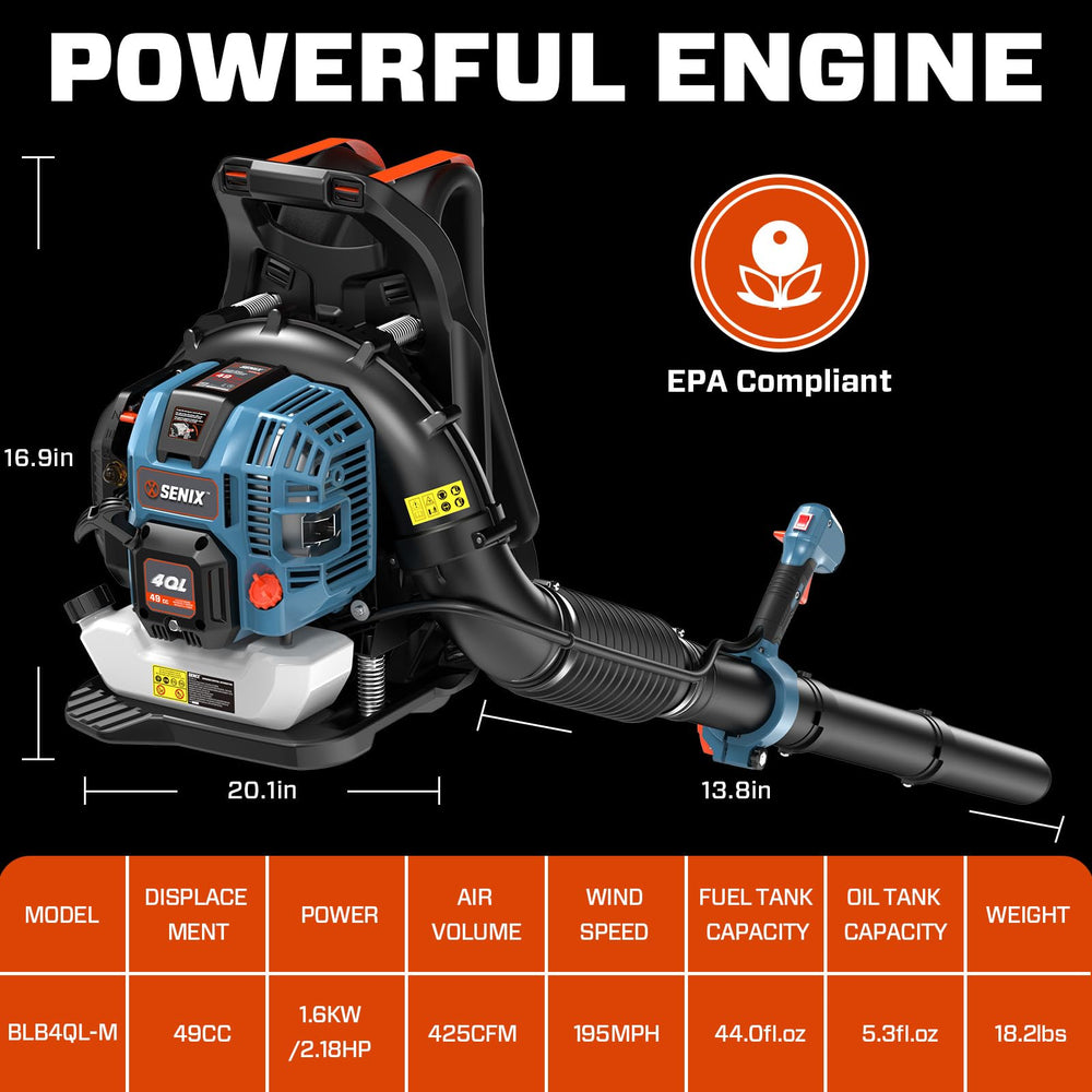 SENIX engine closeup highlighting 49cc 4-cycle motor and dependable power