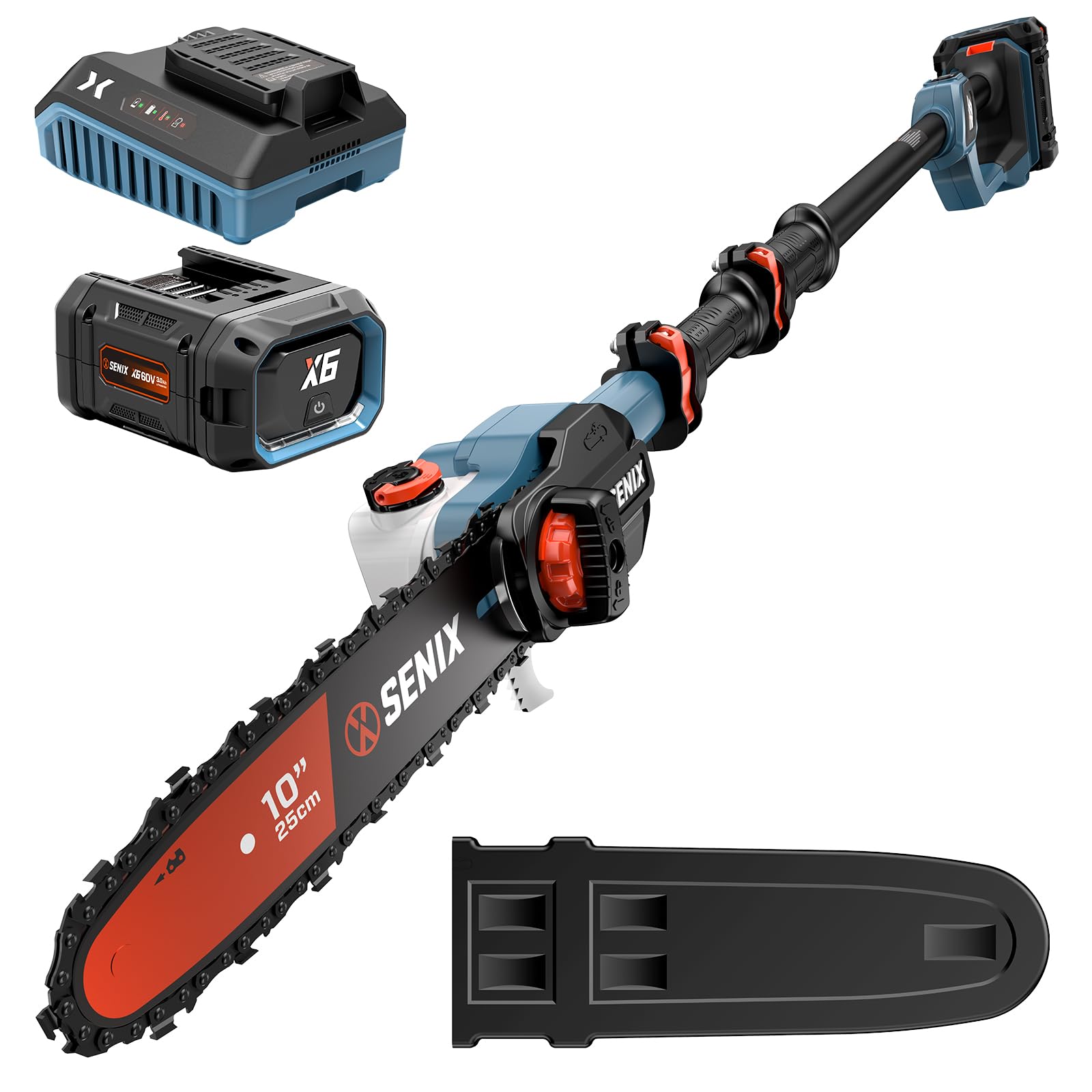 SENIX front view of pole saw showing compact design and ready-to-use benefit