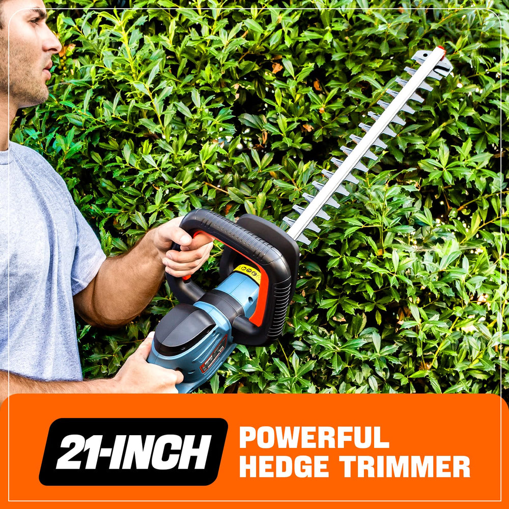 SENIX in-use with gardener trimming hedge for easy cordless maneuvering