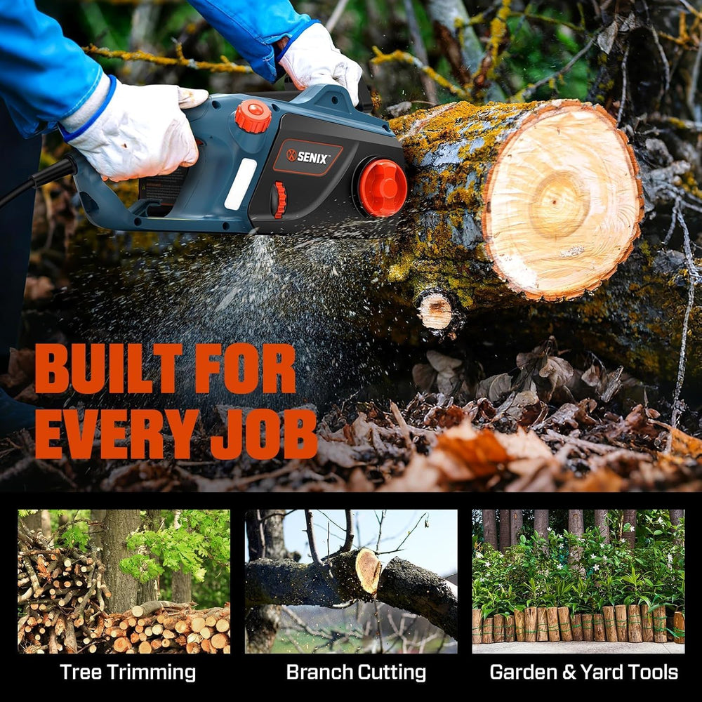 SENIX in backyard cleanup scene showing efficient clearing and reduced fatigue