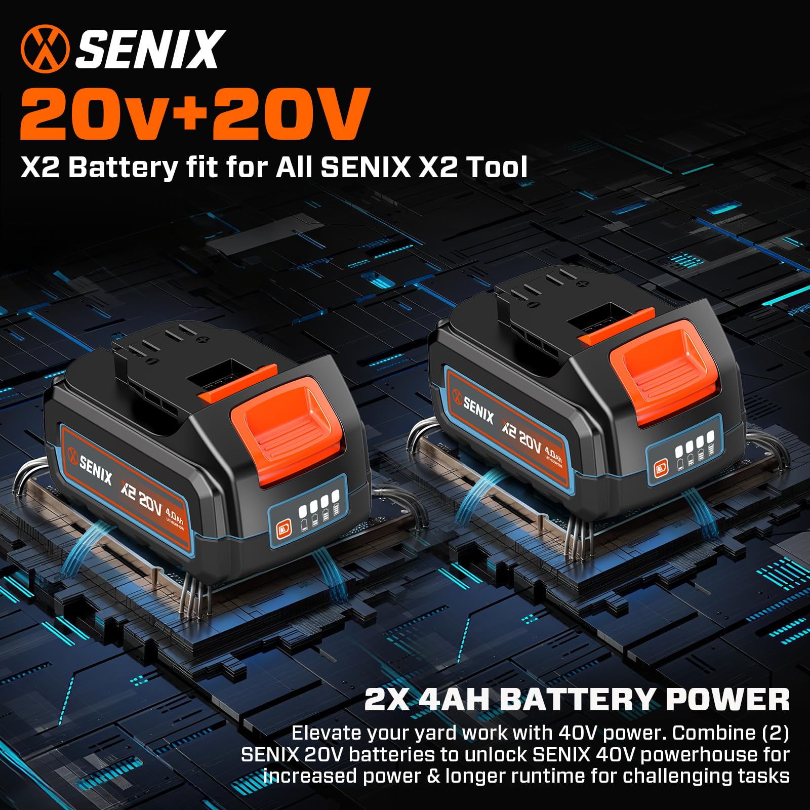 SENIX in backyard lifestyle scene portraying quiet, emission-free yard work benefit