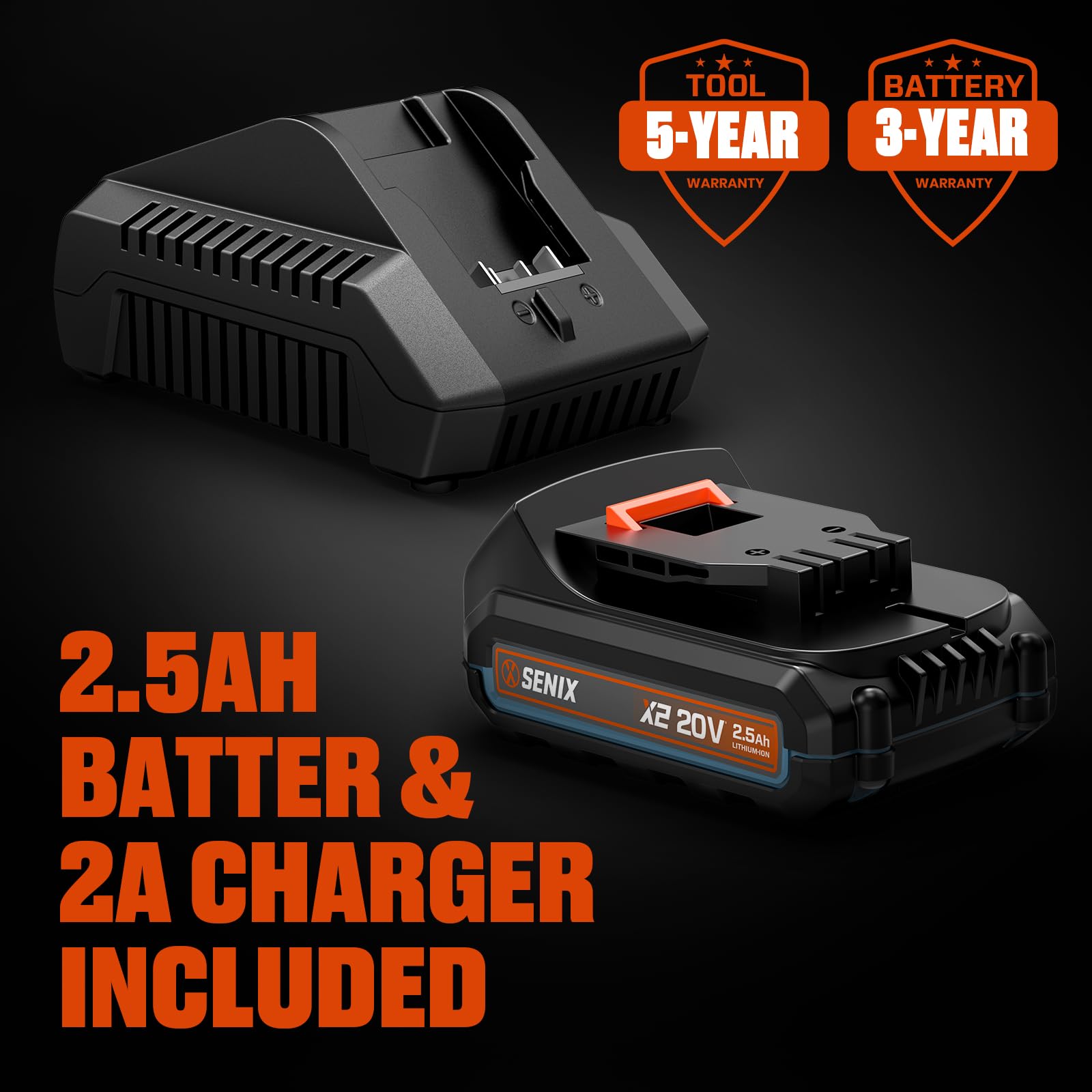 SENIX 2.5Ah battery and charger included for immediate cordless power