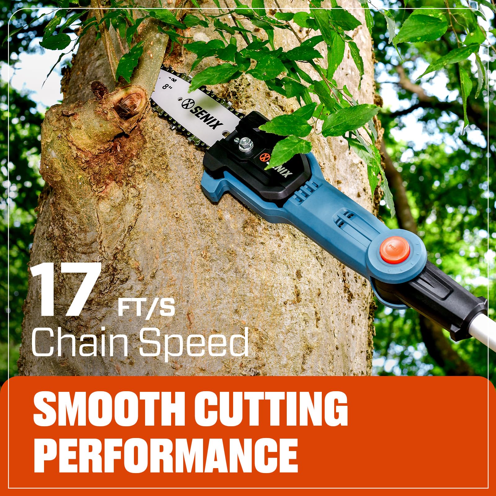 SENIX chain and bar detail highlighting fast cutting performance