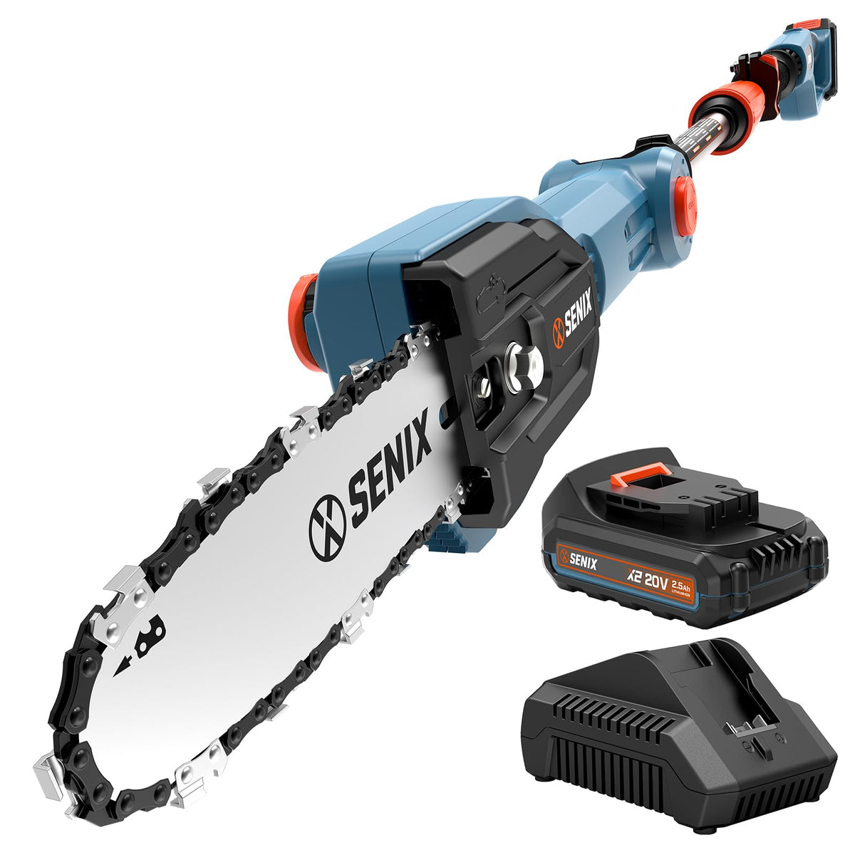 SENIX front view of cordless pole saw showing full tool and benefits
