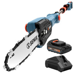 SENIX front view of cordless pole saw showing full tool and benefits