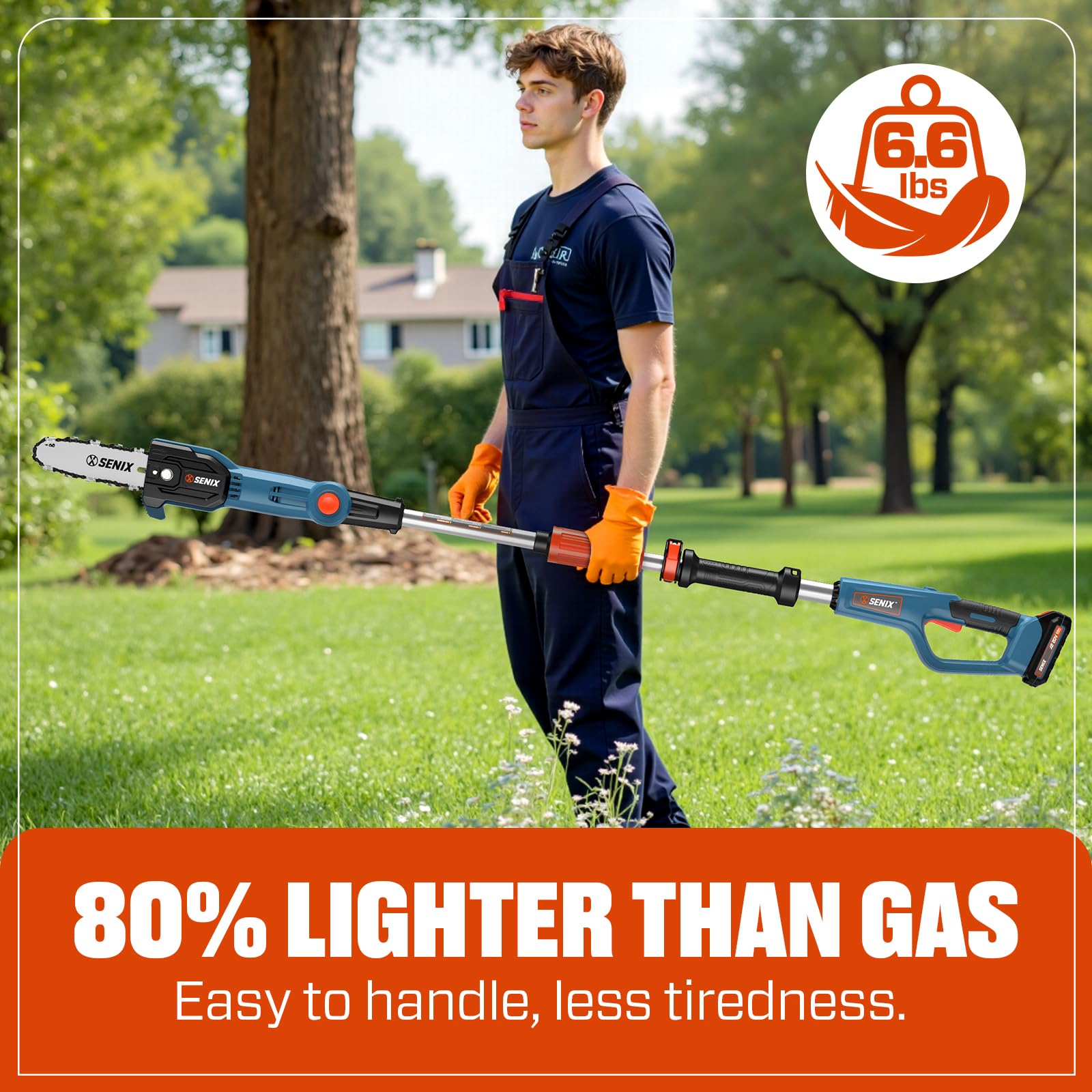 SENIX pole saw in use pruning a tree branch for ladder-free safety