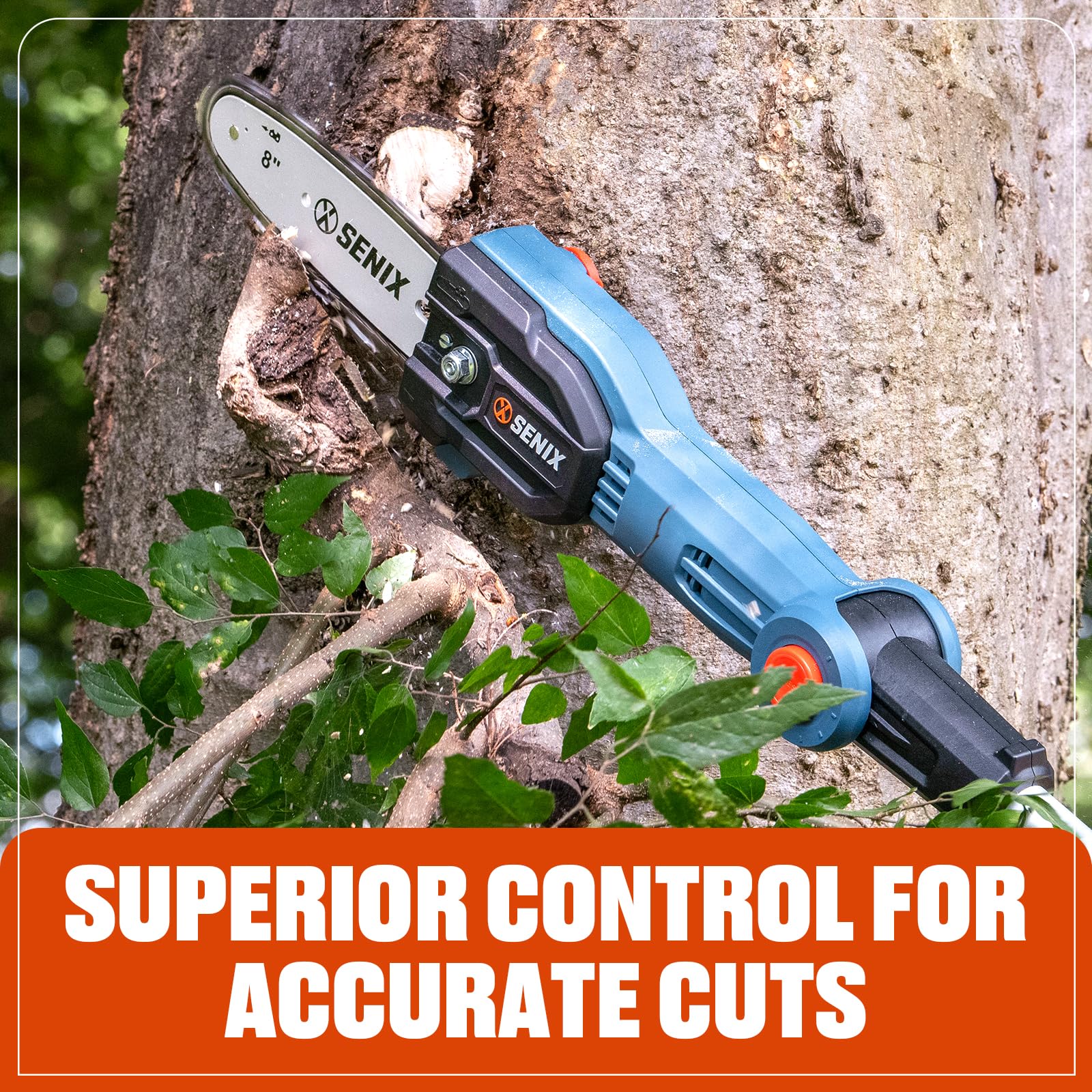 SENIX pole saw staged in garden showing tidy results and convenience
