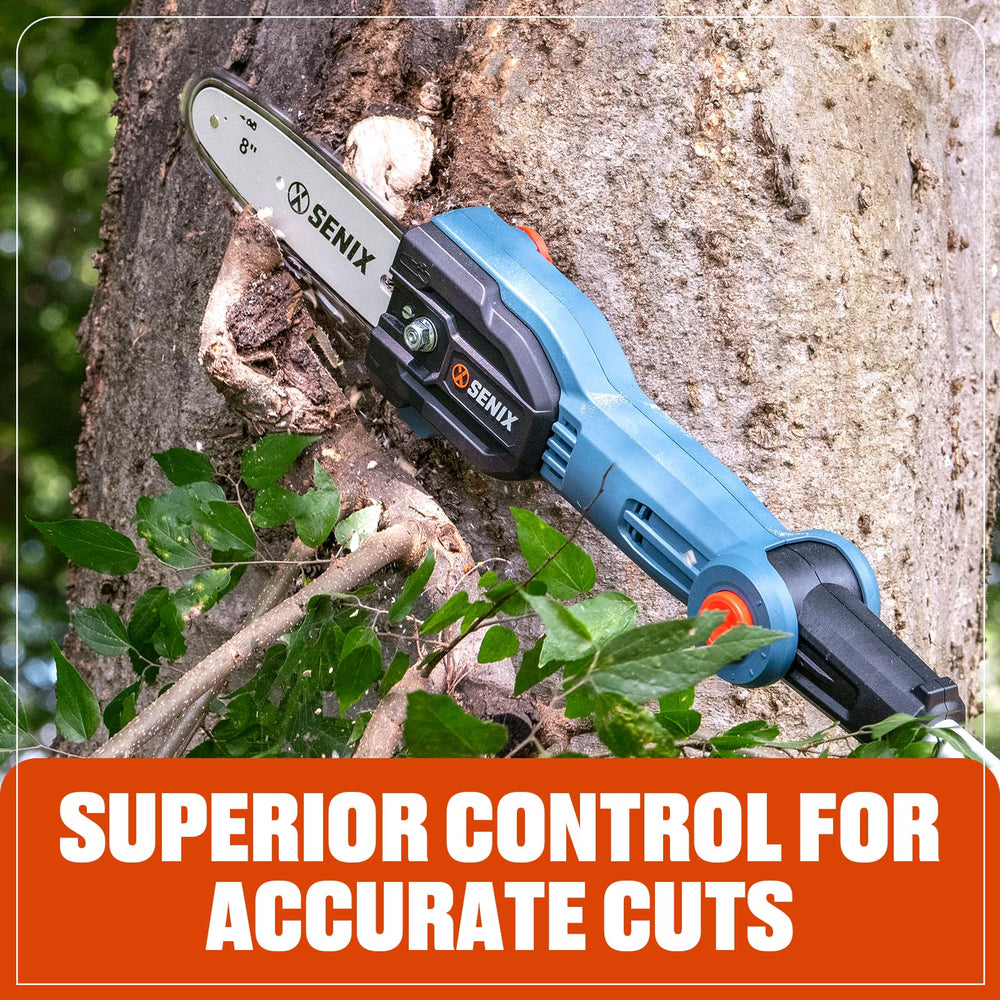 SENIX pole saw staged in garden showing tidy results and convenience