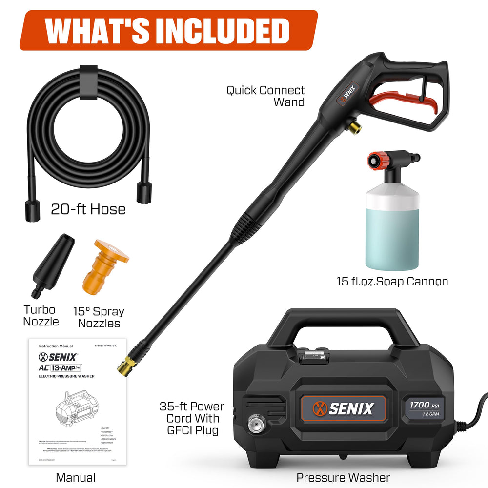 SENIX pressure washer beside a chair for scale, shows portability benefit