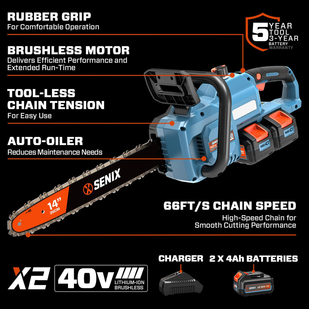SENIX next to stacked firewood showing 14-inch scale and real-world cutting capacity