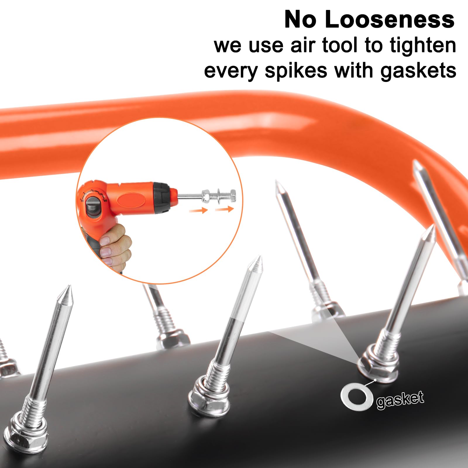 Senjoys close-up of carburized spikes showing strength and resistance to bending