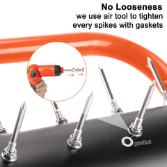 Senjoys close-up of carburized spikes showing strength and resistance to bending