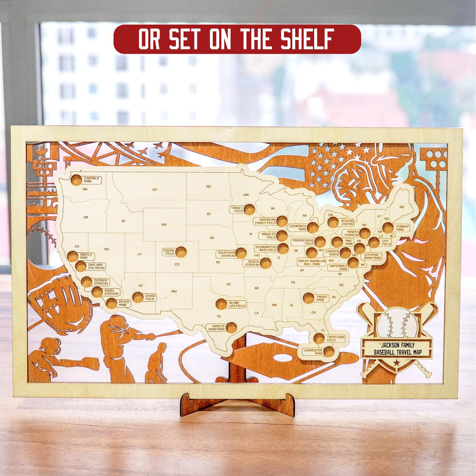 Sensemory wall-mounted map in living room adding tasteful baseball-themed decor