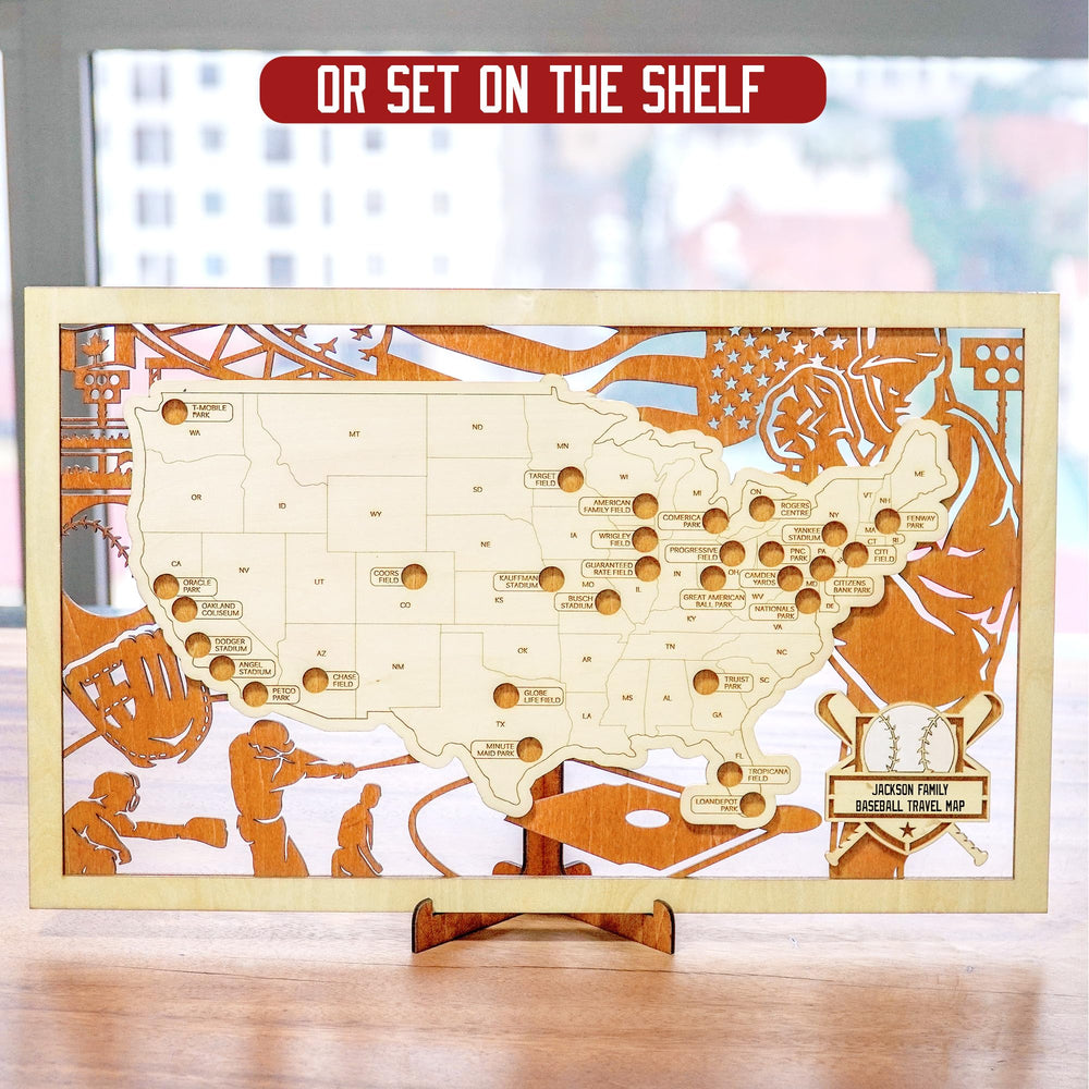 Sensemory wall-mounted map in living room adding tasteful baseball-themed decor