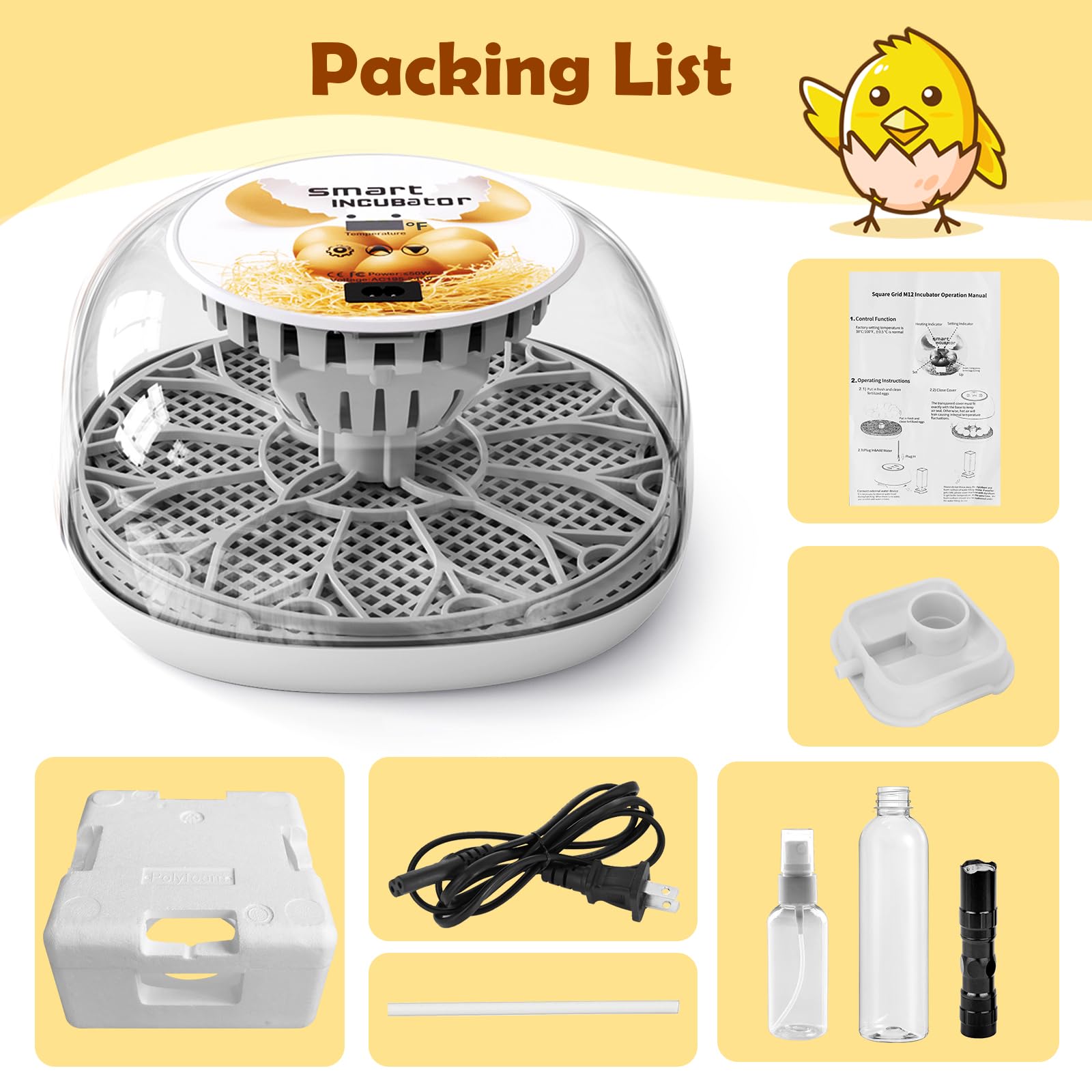 SENXINGYAN accessories laid out: water bottle, spray, candler for convenient incubation setup
