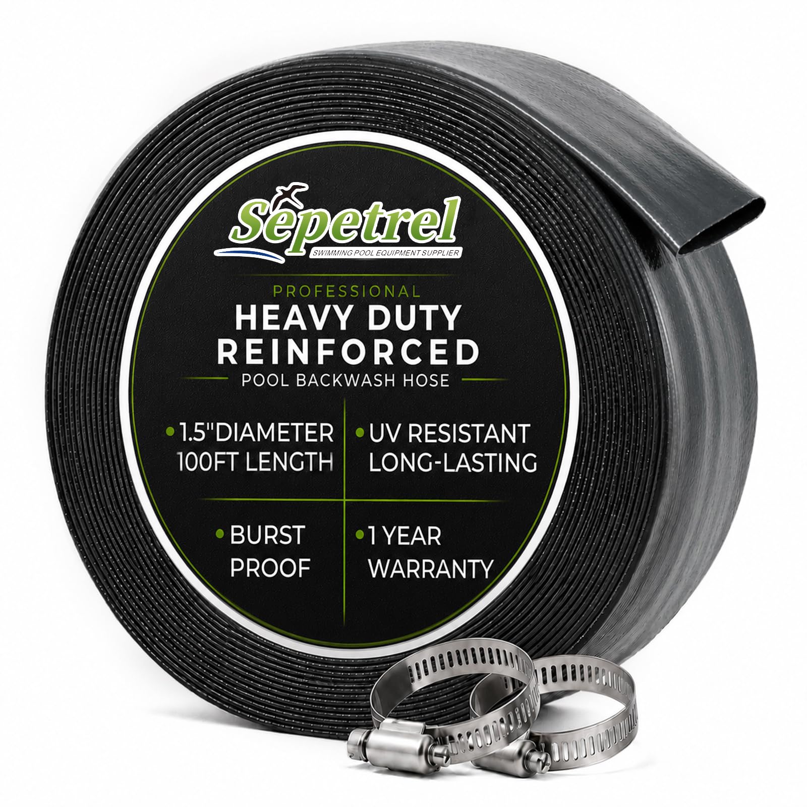 Sepetrel front view of coiled hose and packaging showing durable build