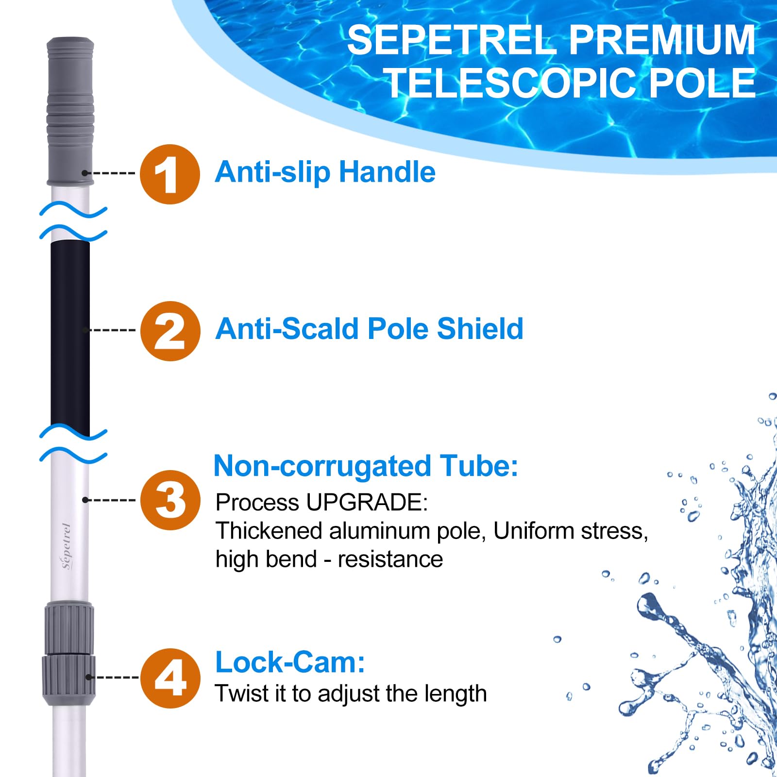 Sepetrel pool pole anti-scald grip detail offering heat protection and better hold
