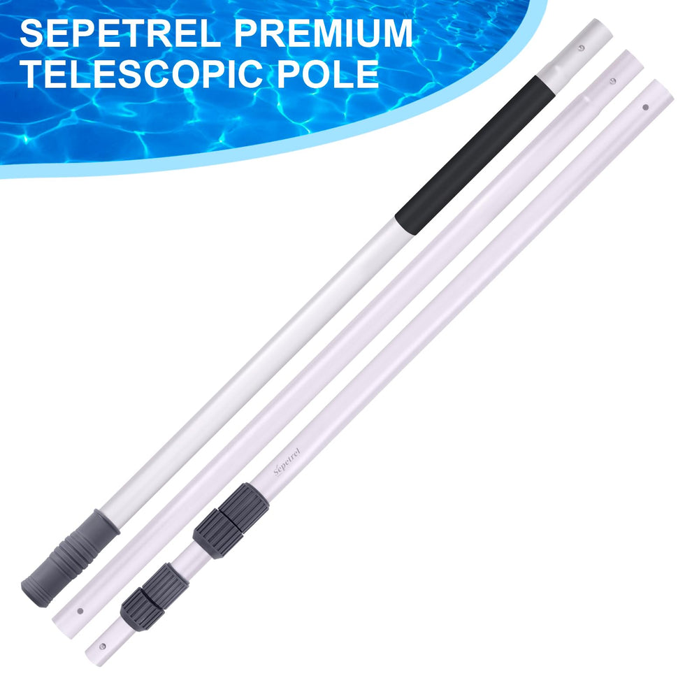 Sepetrel pool pole extended in use over pool showing improved reach and control