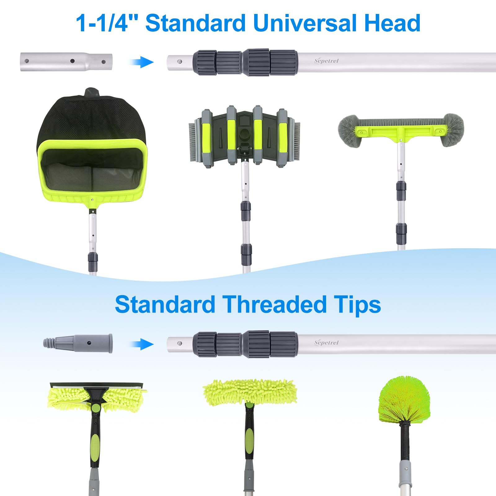 Sepetrel pool pole threaded tip and connection demonstrating universal-fit versatility
