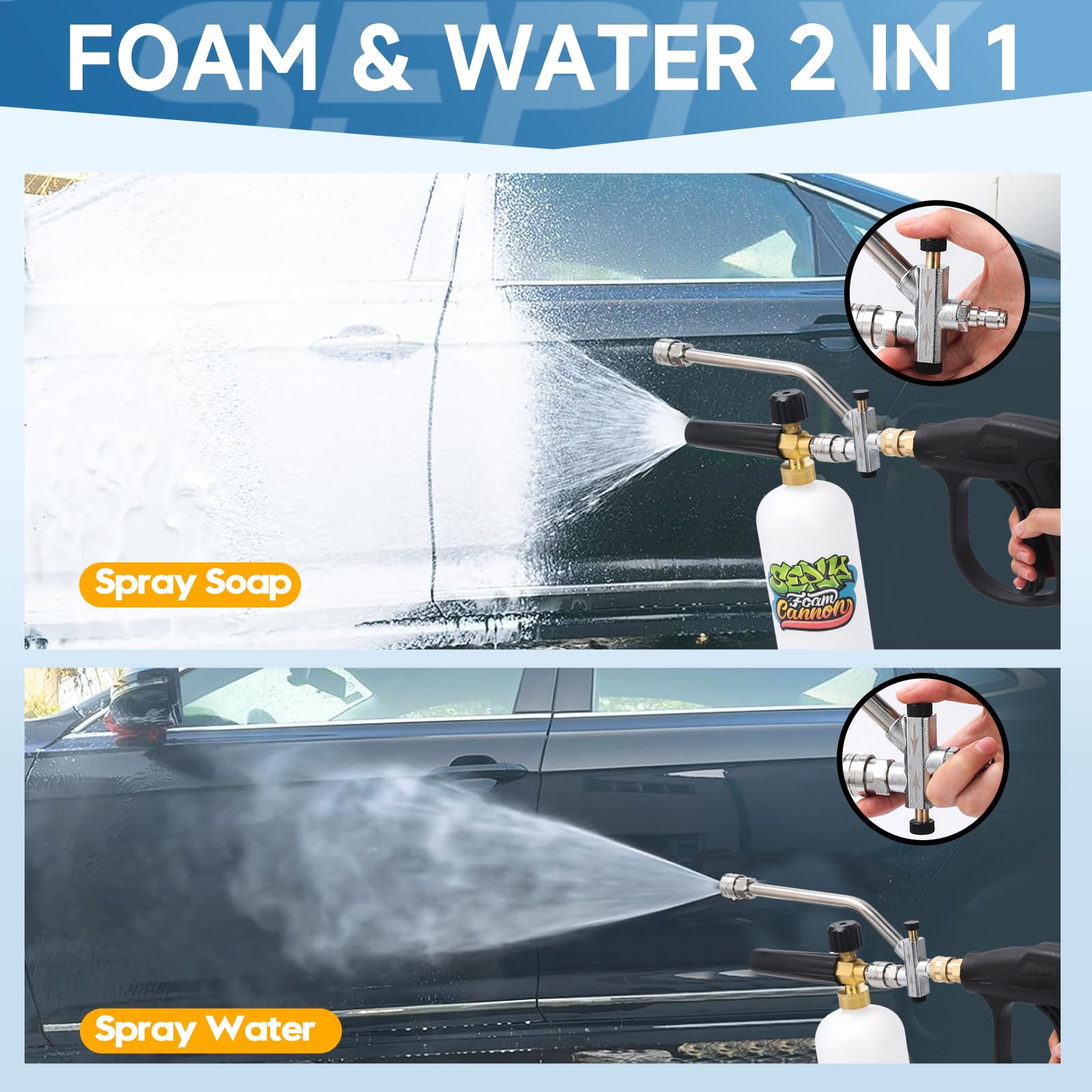 SEPLY foam cannon close-up of adjustable nozzle delivering targeted spray control