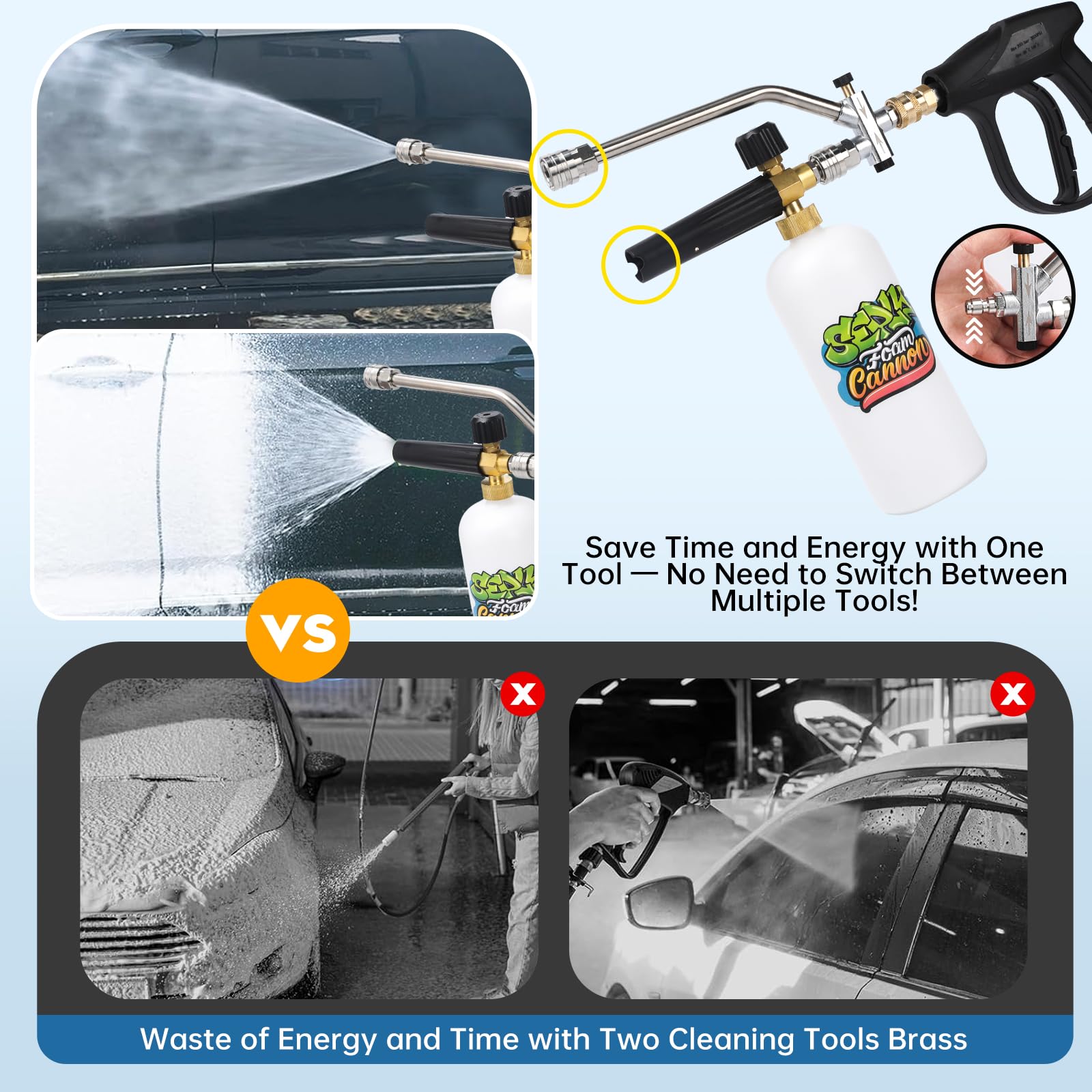 SEPLY foam cannon swivel connector demonstrating 3/8" quick-connect ease