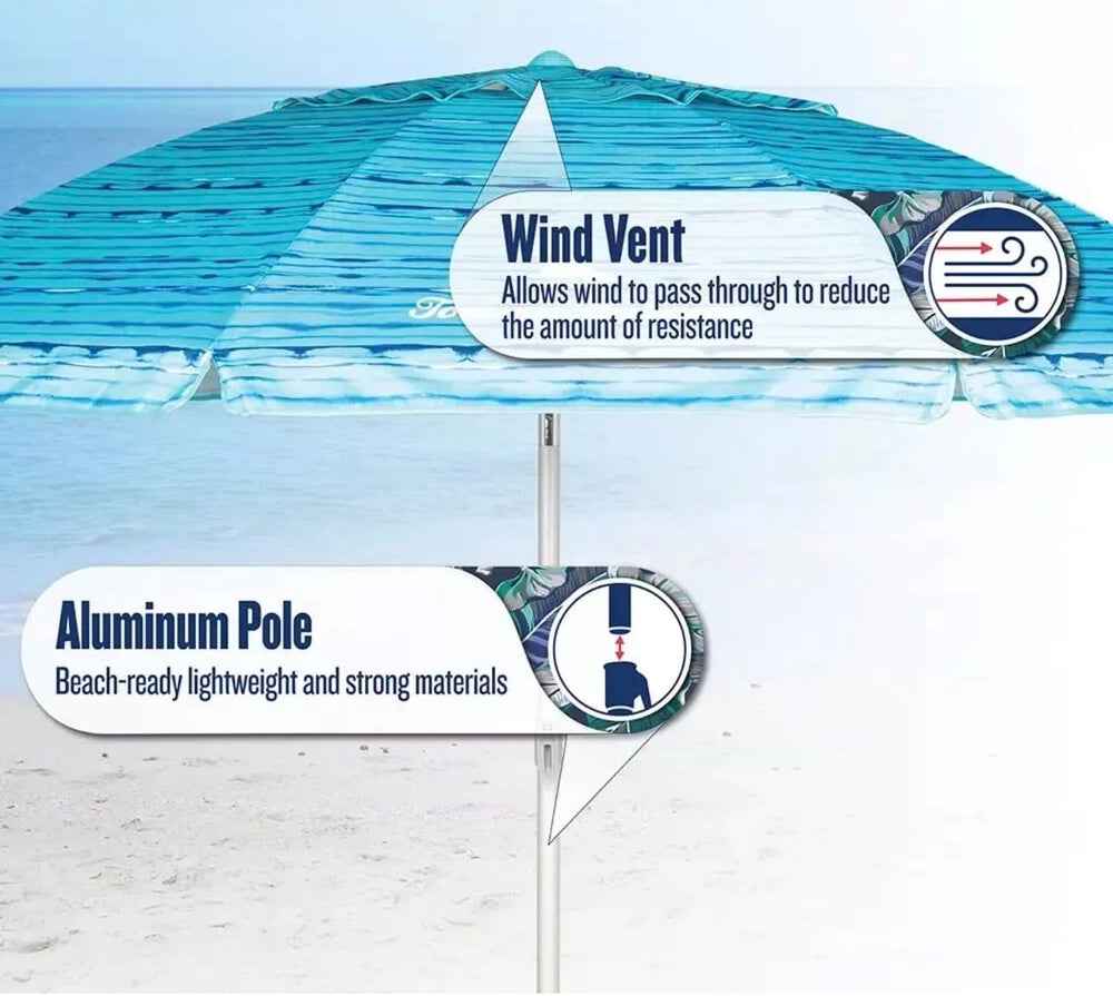 Sepras umbrella in use on beach providing shaded seating area for two