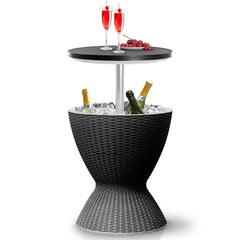 SereneLife front view of cool bar table showing sleek rattan design and practical cooler