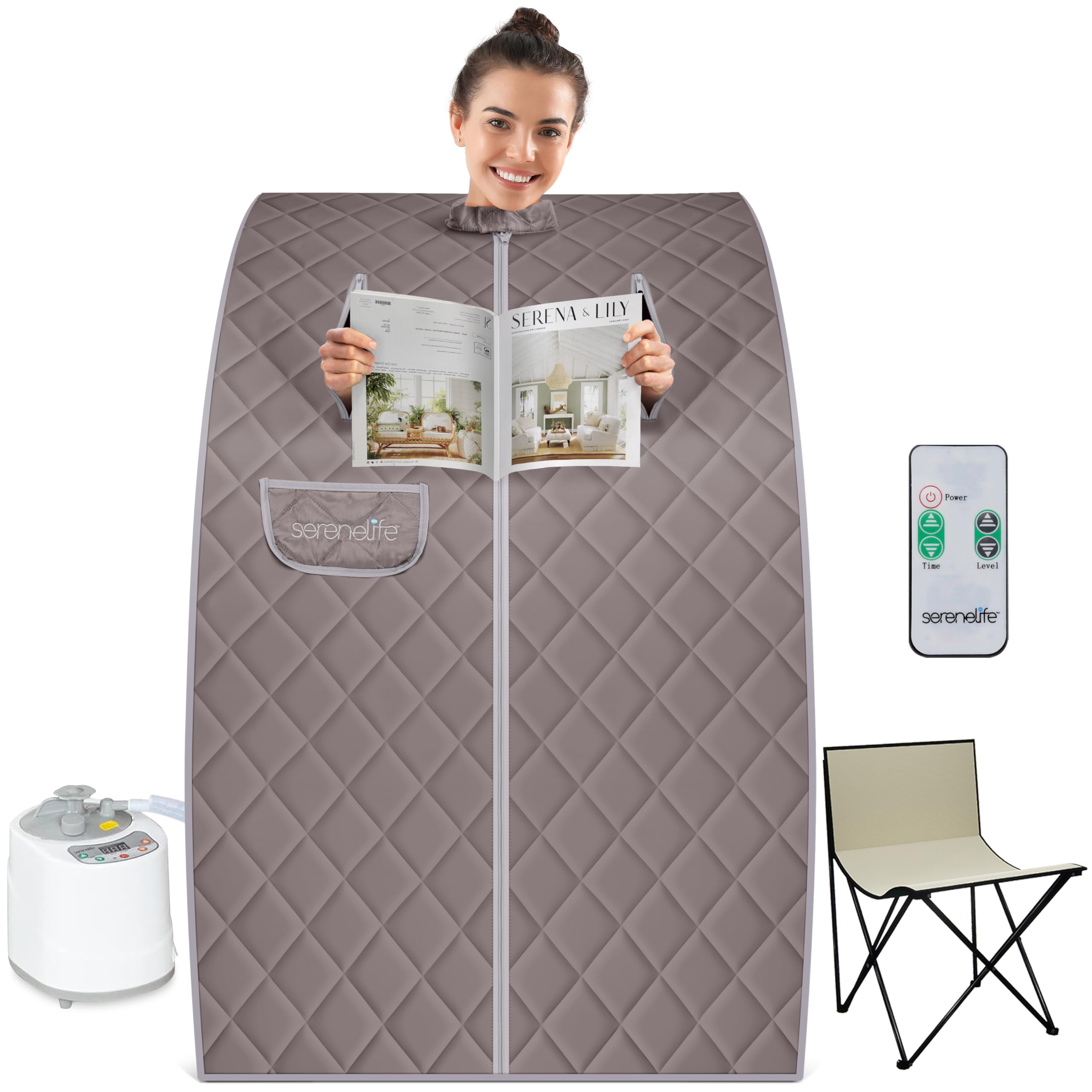 SereneLife front view assembled sauna tent showing full setup and space saving benefits