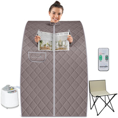 SereneLife front view assembled sauna tent showing full setup and space saving benefits