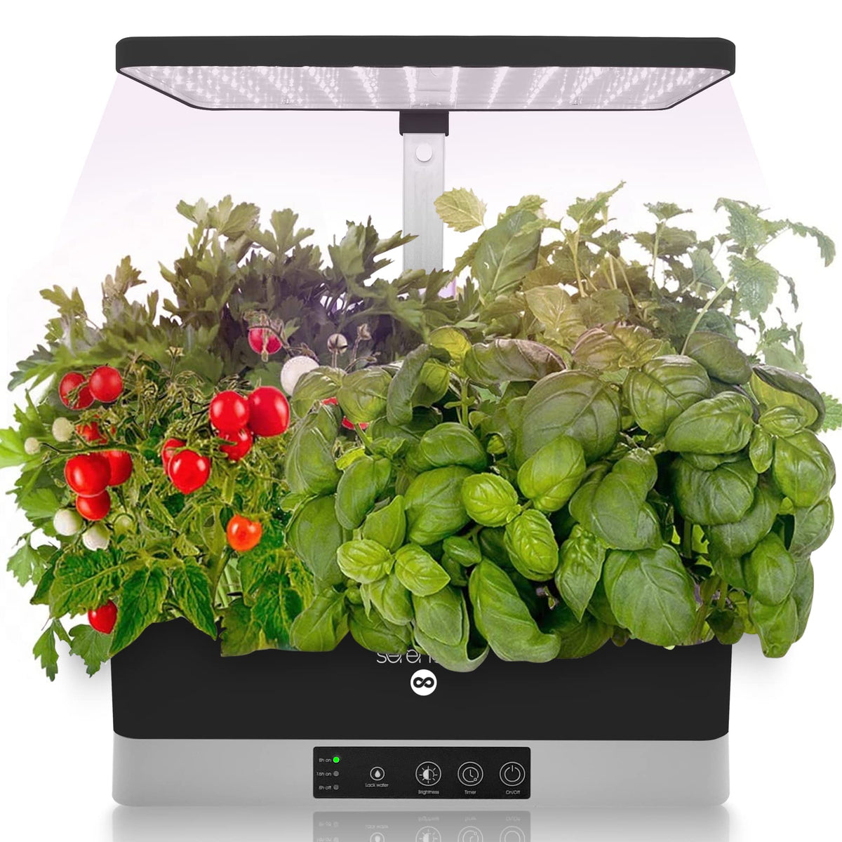 SereneLife front view assembled showing compact 11‑pod garden and benefits of fresh herbs