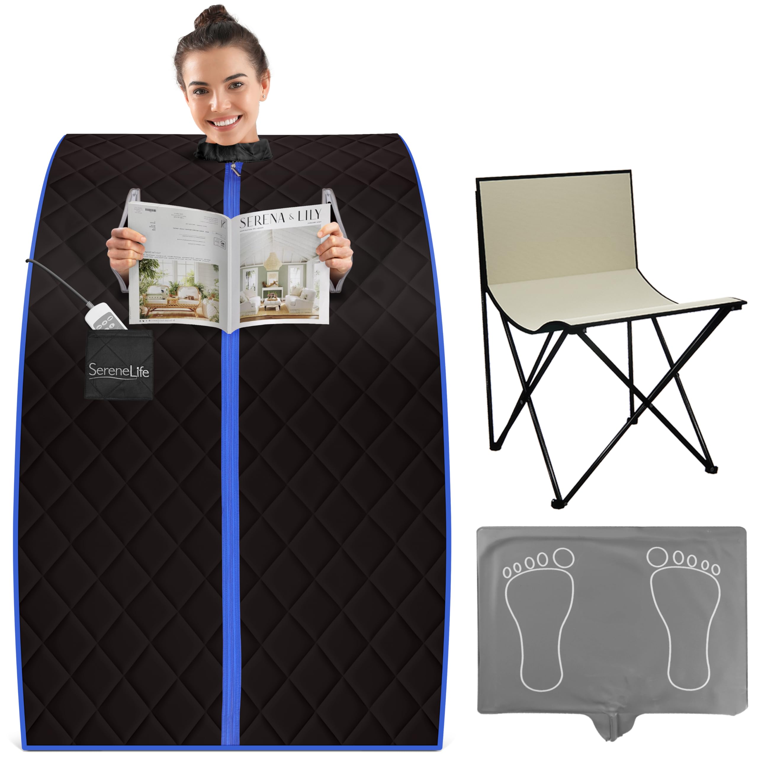 SereneLife front view of portable sauna box showing compact profile and easy entry benefit