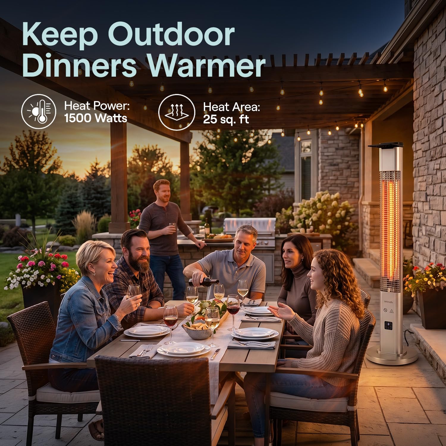 SereneLife heater warming patio at dusk creating cozy outdoor atmosphere
