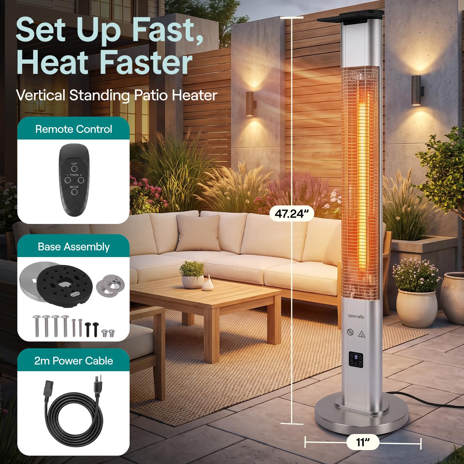 SereneLife heater next to chair showing size and coverage for patio seating