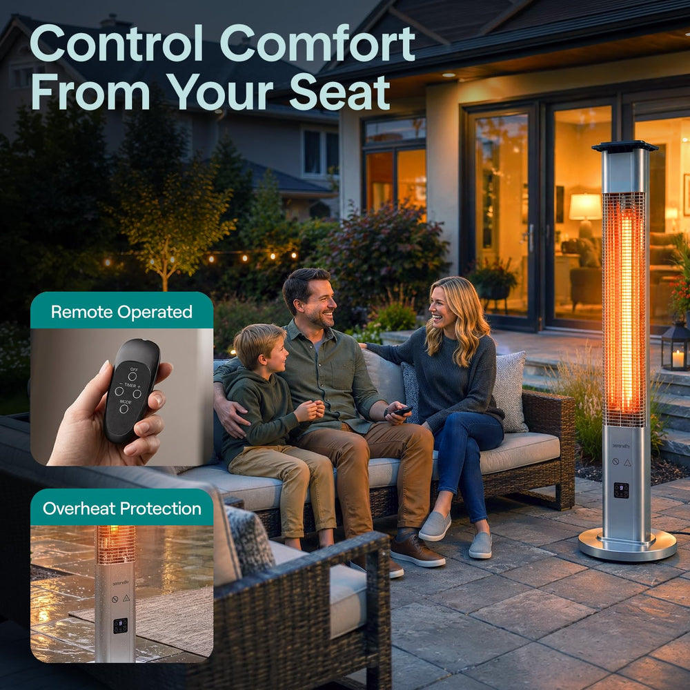 SereneLife side profile standing heater demonstrating slim footprint and quiet operation