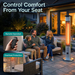 SereneLife side profile standing heater demonstrating slim footprint and quiet operation