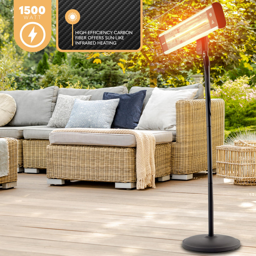 SereneLife adjustable stand detail illustrating easy height changes for targeted heat