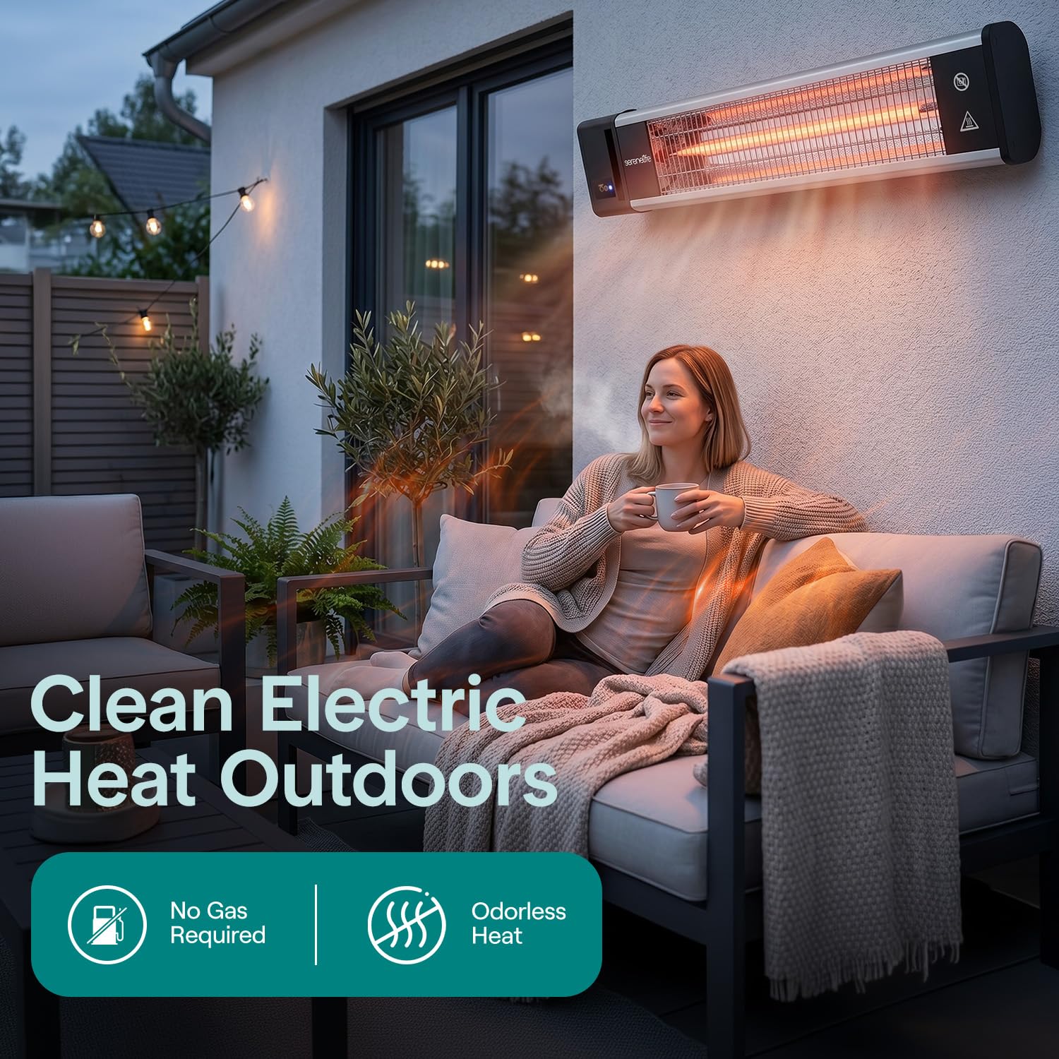 SereneLife heater under gazebo at dusk extending outdoor comfort for guests
