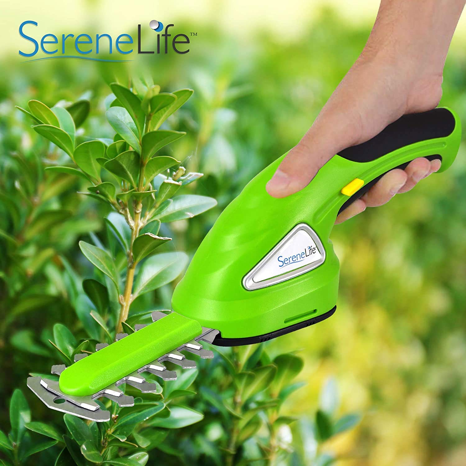 SereneLife trimming hedge in yard showing efficient at-home maintenance