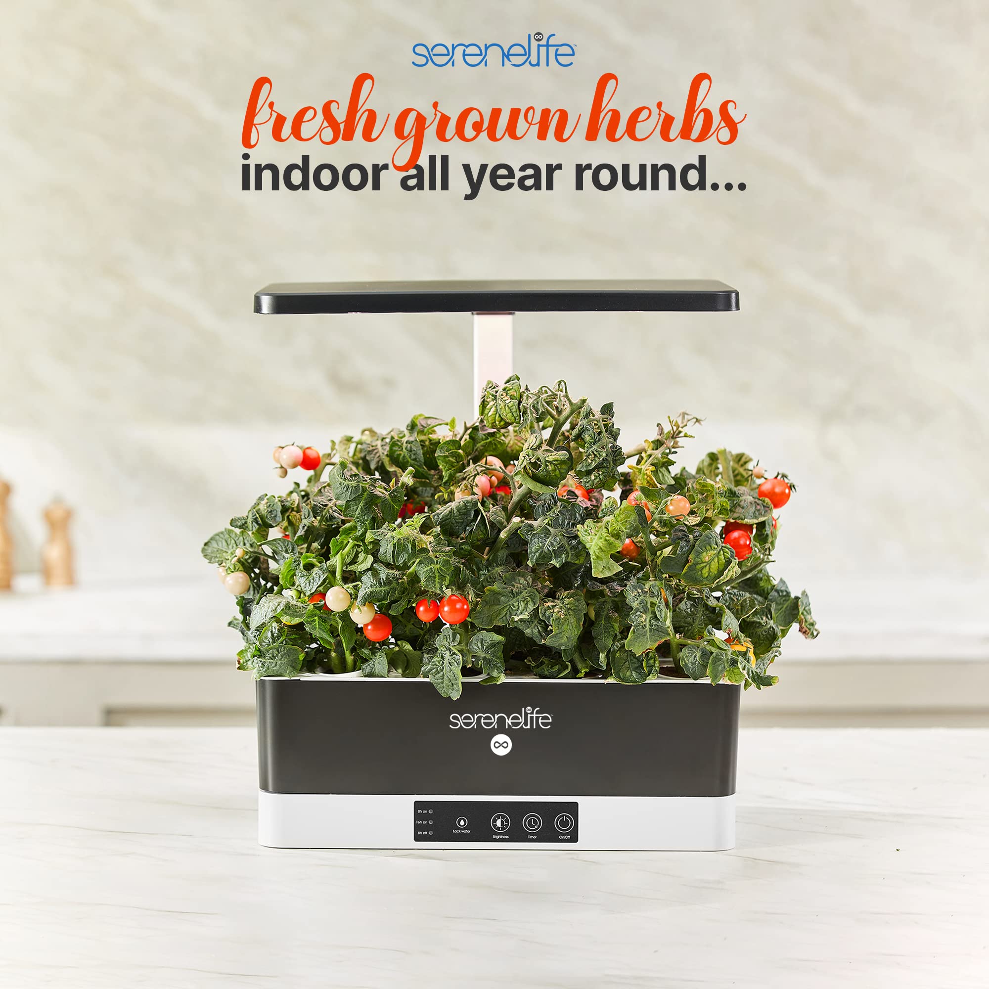 SereneLife on a kitchen counter with fresh herbs illustrating year‑round indoor growing convenience