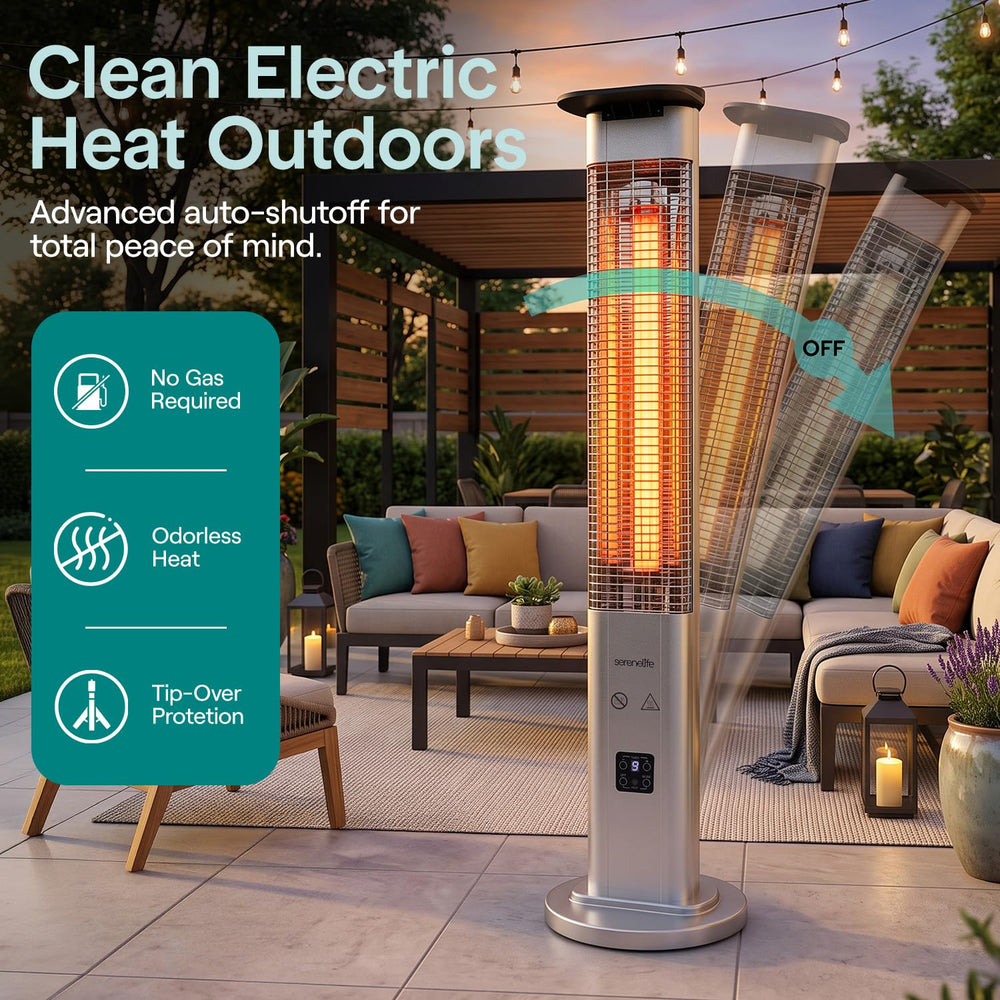 SereneLife patio heater warming an evening deck, extending outdoor comfort