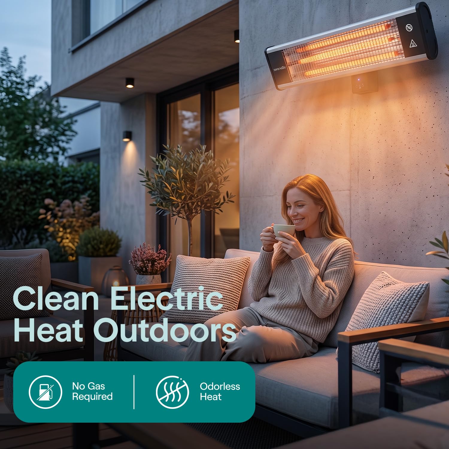 SereneLife remote control next to heater for convenient hands-free operation