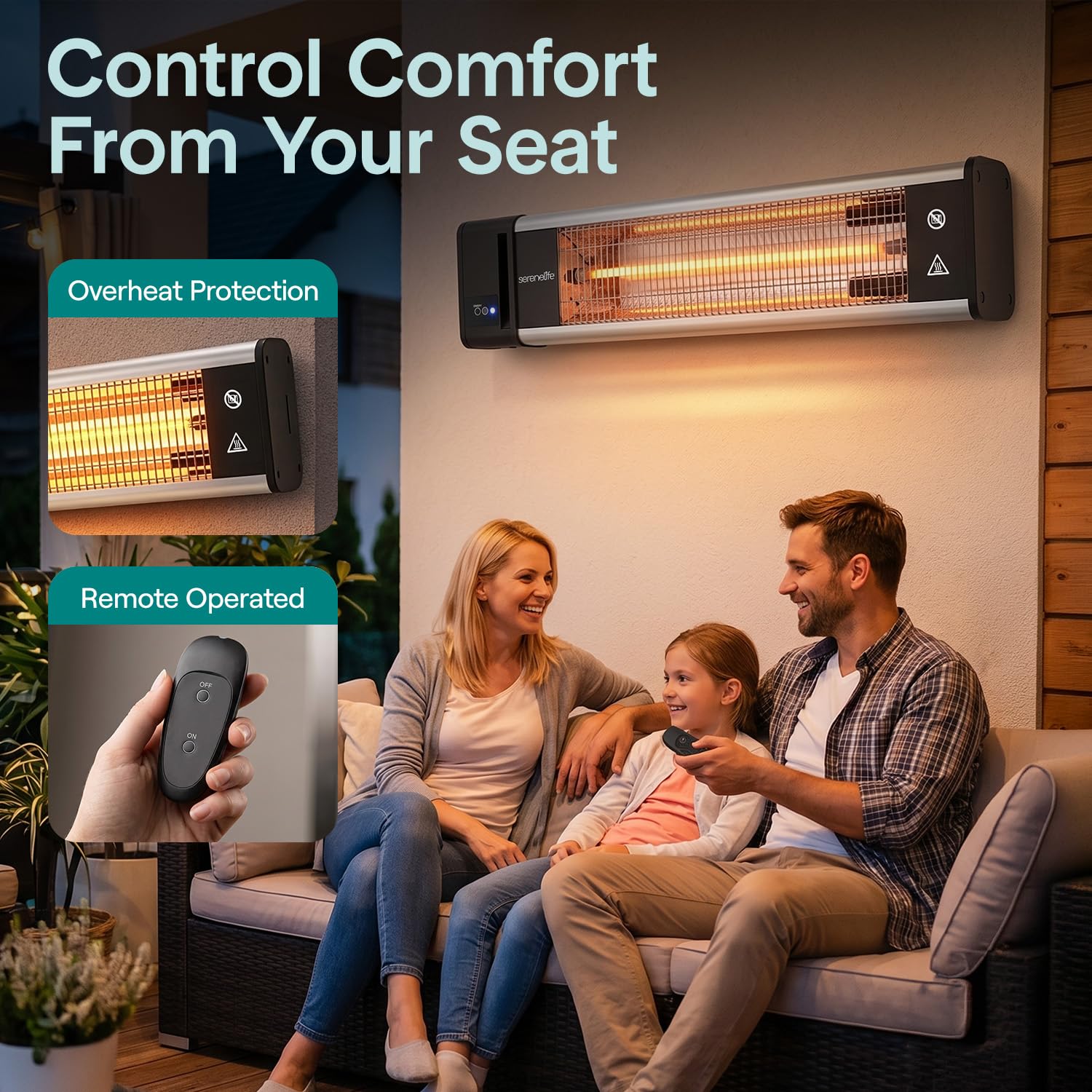 SereneLife remote control image showing easy, convenient temperature adjustments