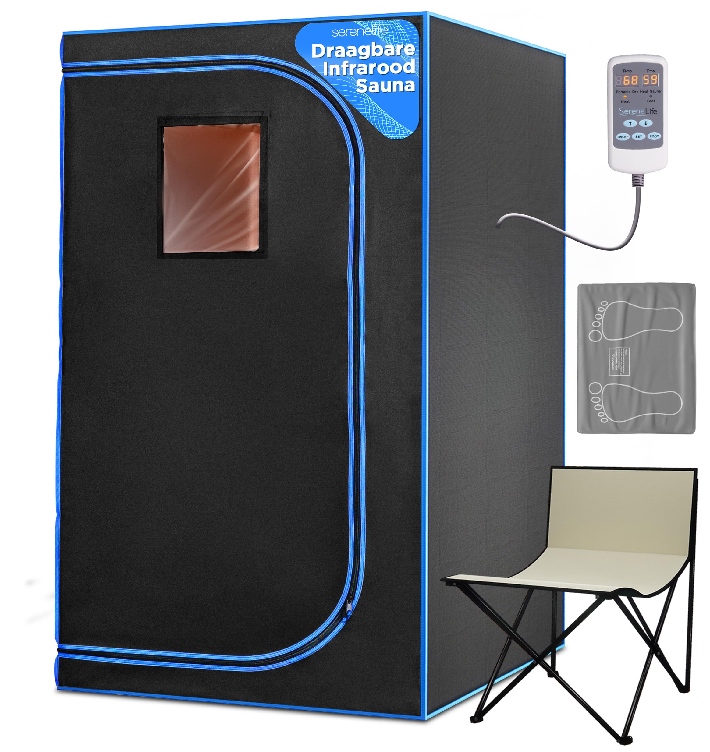 SereneLife portable sauna front view showing tent and zipper, fast setup benefit
